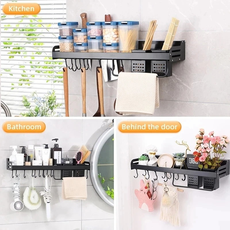 Wall Mounted Kitchen Storage Rack With Utensil Hooks And Spice Shelf Fall 2025 Home Organization Gift Idea