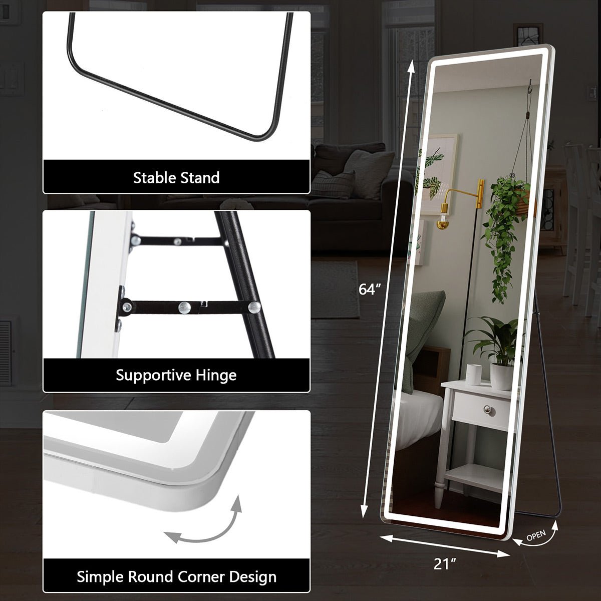 Dimmable LED Lights Full Body Floor Mirror with Stand, Wall Mounted Hanging