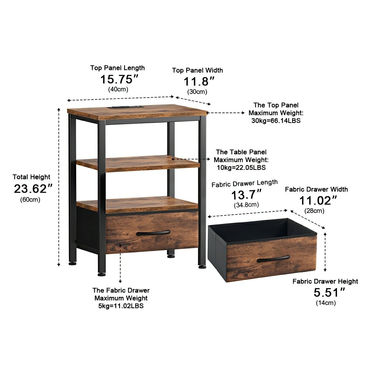 3-Tier Bedside Table Nightstand with Charging Station