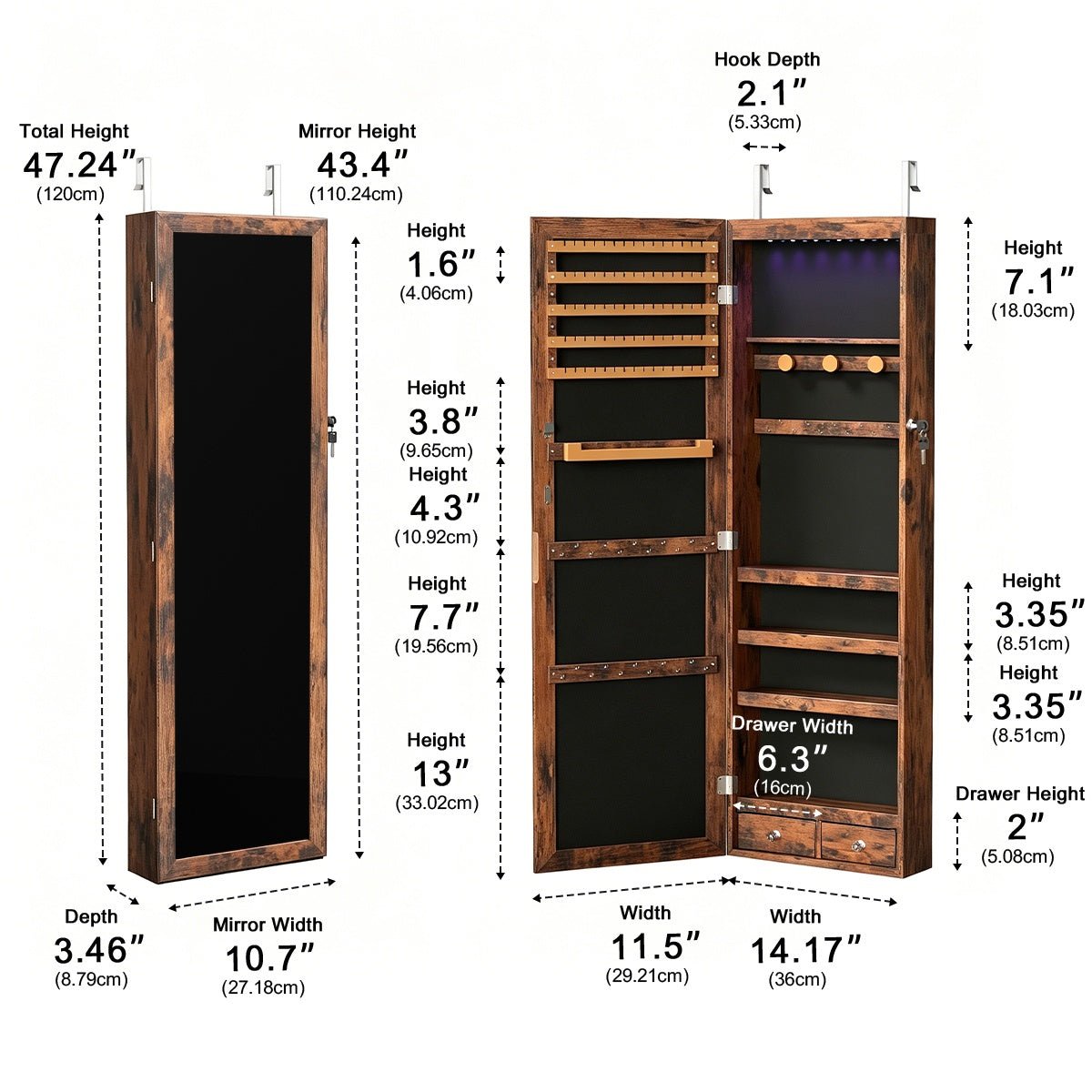 47.2" Wall Jewelry Armoire with Full Mirror & Lockable