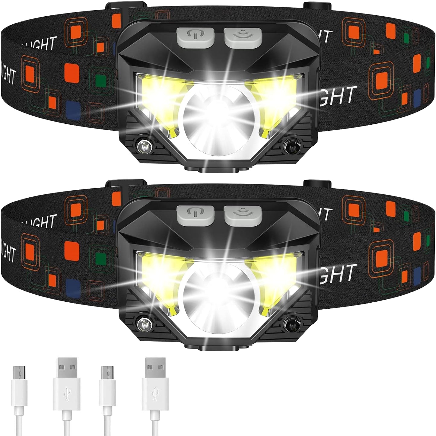 Headlamp Flashlight 2 Pack Rechargeable Waterproof Motion Sensor Outdoor Camping TikTok Viral Night Running