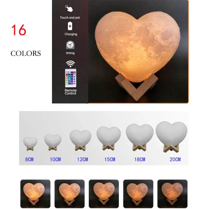 3D Moon Lamp Heart Shape Night Light USB Rechargeable Remote Controlled Romantic Decor Fall 2025 Gift