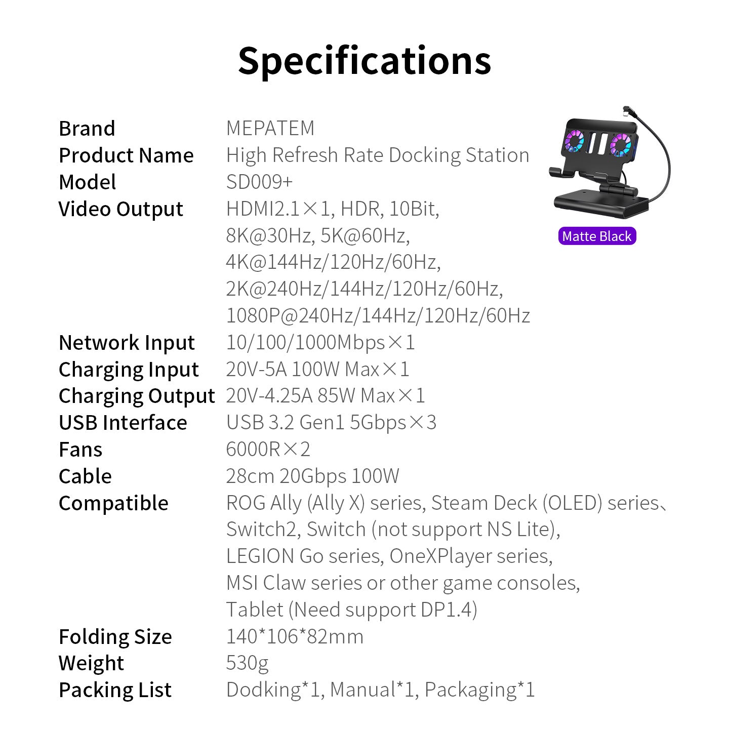 Docking Station 100W With Dual Fans 4K HDMI Gaming Dock