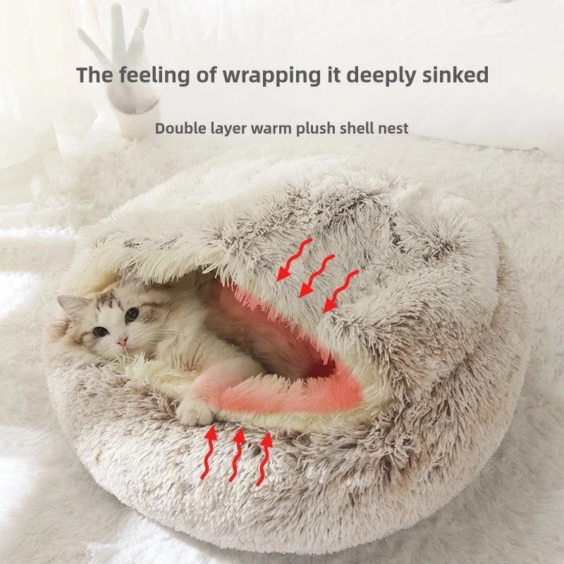 Cat Bed Plush Nest Double Layer Warm Shell Semi Enclosed Winter Cozy Hideaway For Cats Fall 2025 Trend