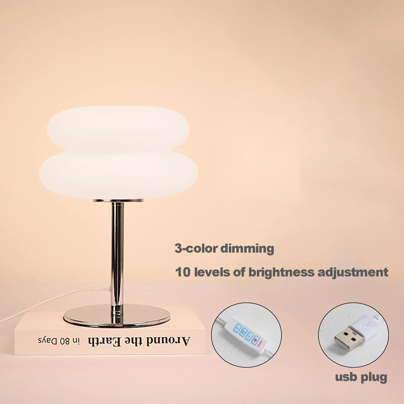 Table Lamp Cream Plastic Lampshade Mushroom Bedside Lamp Fall 2025 Tri Color Dimming USB LED Included Cozy Ambient