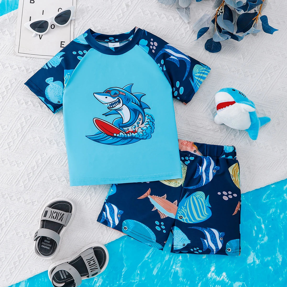 Styling suggestion for boys shark print short sleeve swimwear set