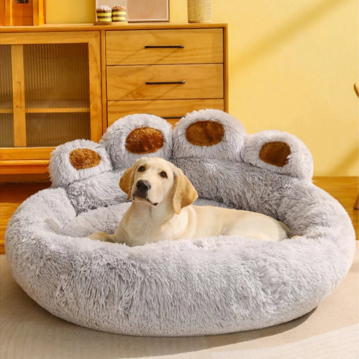 Dog Bed Plush Round Sofa Style Bed For Pets, Fall 2025 Cozy Washable Plush Bed With Paw Backrest Support