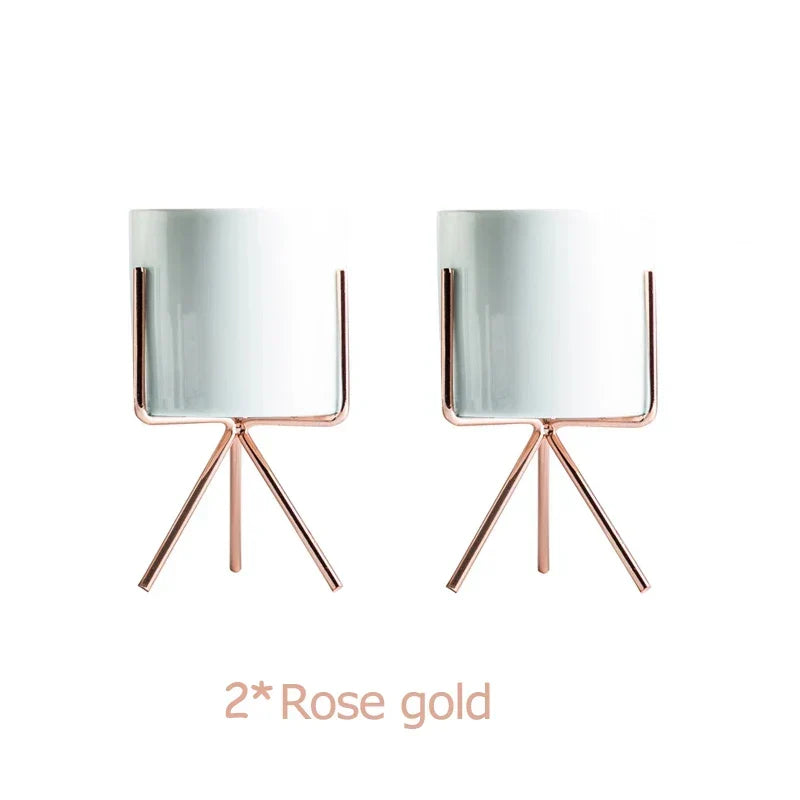 Ceramic Planters Set Of 3 With Gold Iron Stand Modern Desktop Succulent Planters Fall 2025 Stylish Gift