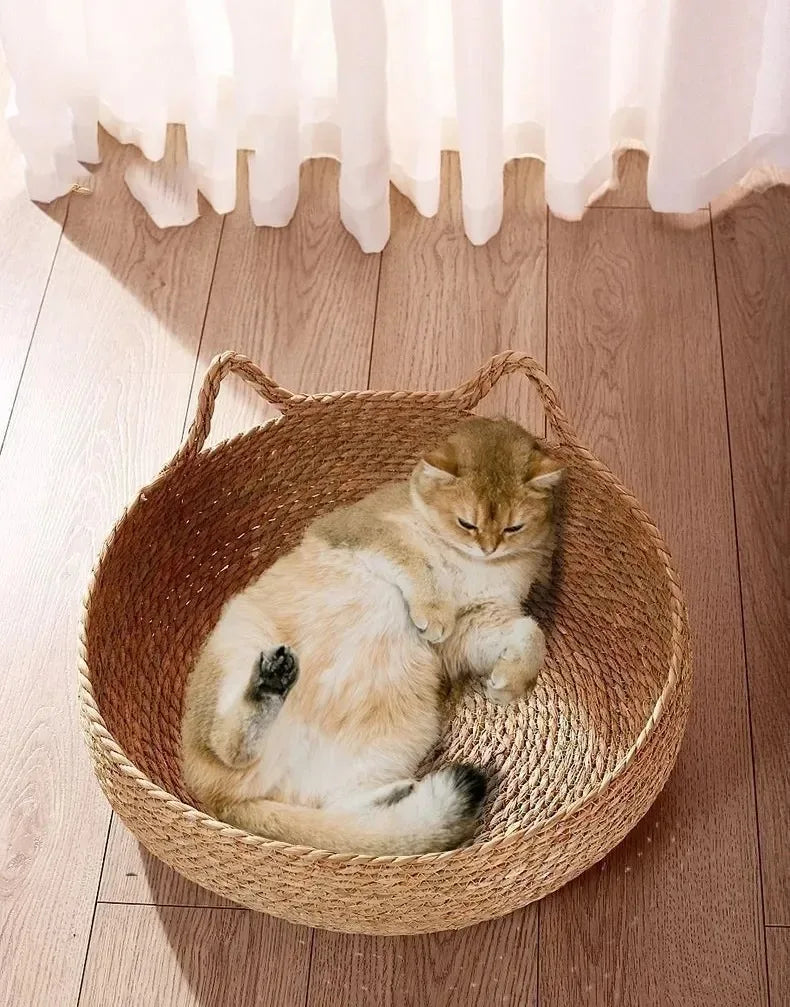 Cat Bed Natural Woven Nest With Seasonal Heating Pad And Washable Insert, Fall 2025 Cozy All Season Retreat