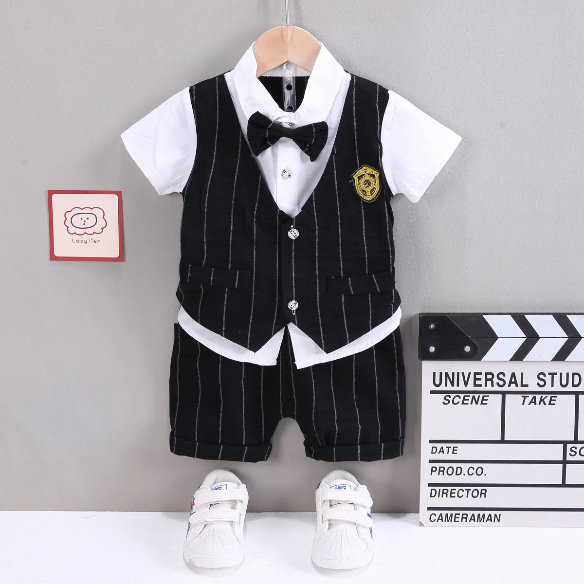 Side view of the boys short sleeve shirt and shorts set - view 28