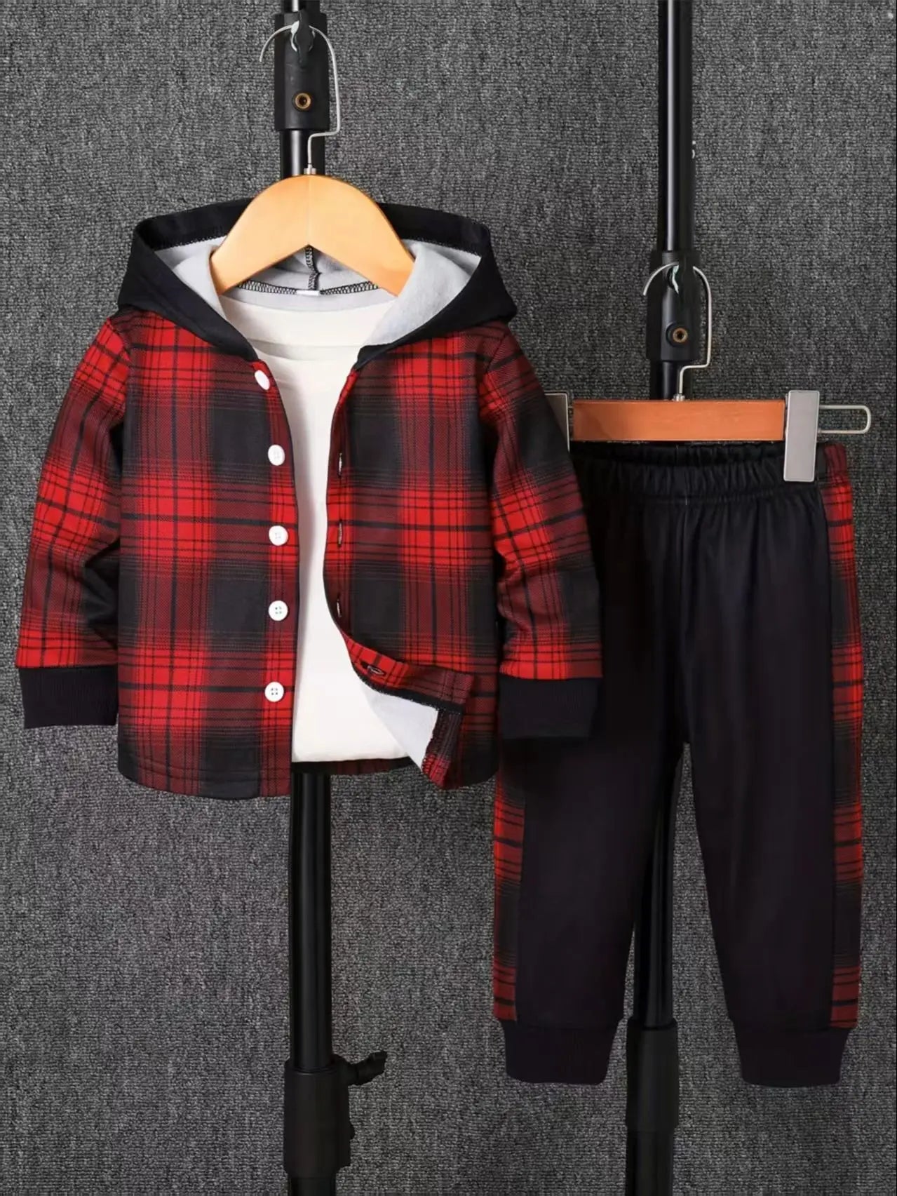 Side view of baby boys plaid fleece lined hooded outfit