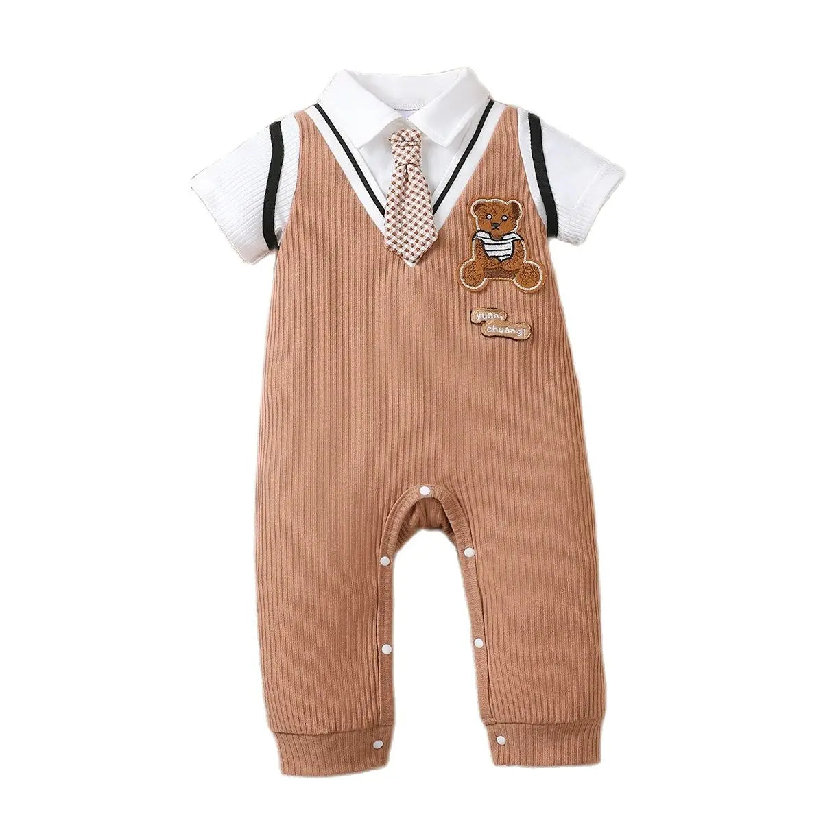 Baby boy wearing a smart short-sleeve romper with an attached tie
