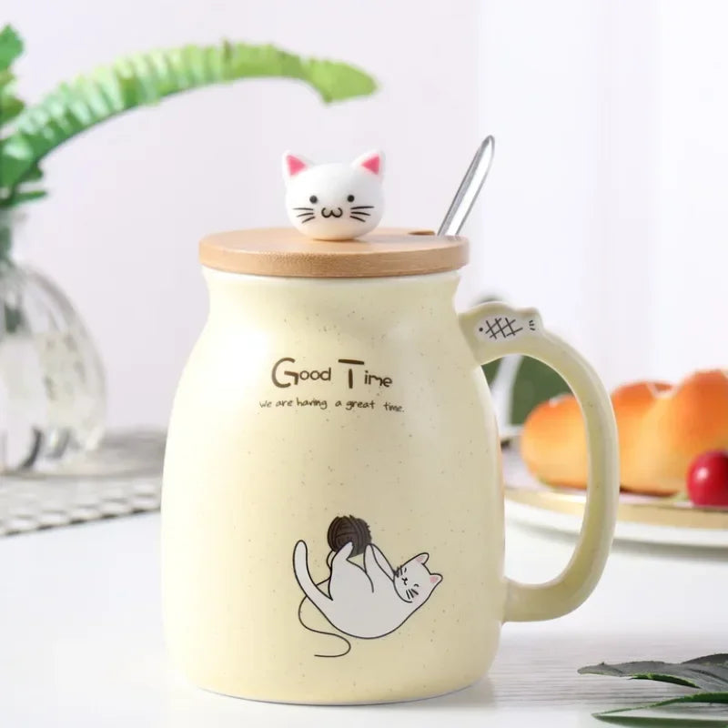 Ceramic Mug With Wooden Lid And Spoon Cute Cartoon Cat Design Gift Ready Spring 2026 Kitchen Essential