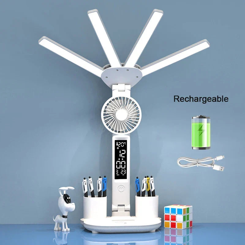 Rechargeable Desk Lamp LED With Fan And Clock Display Study Light Back To School 2025 Portable Adjustable Brightness