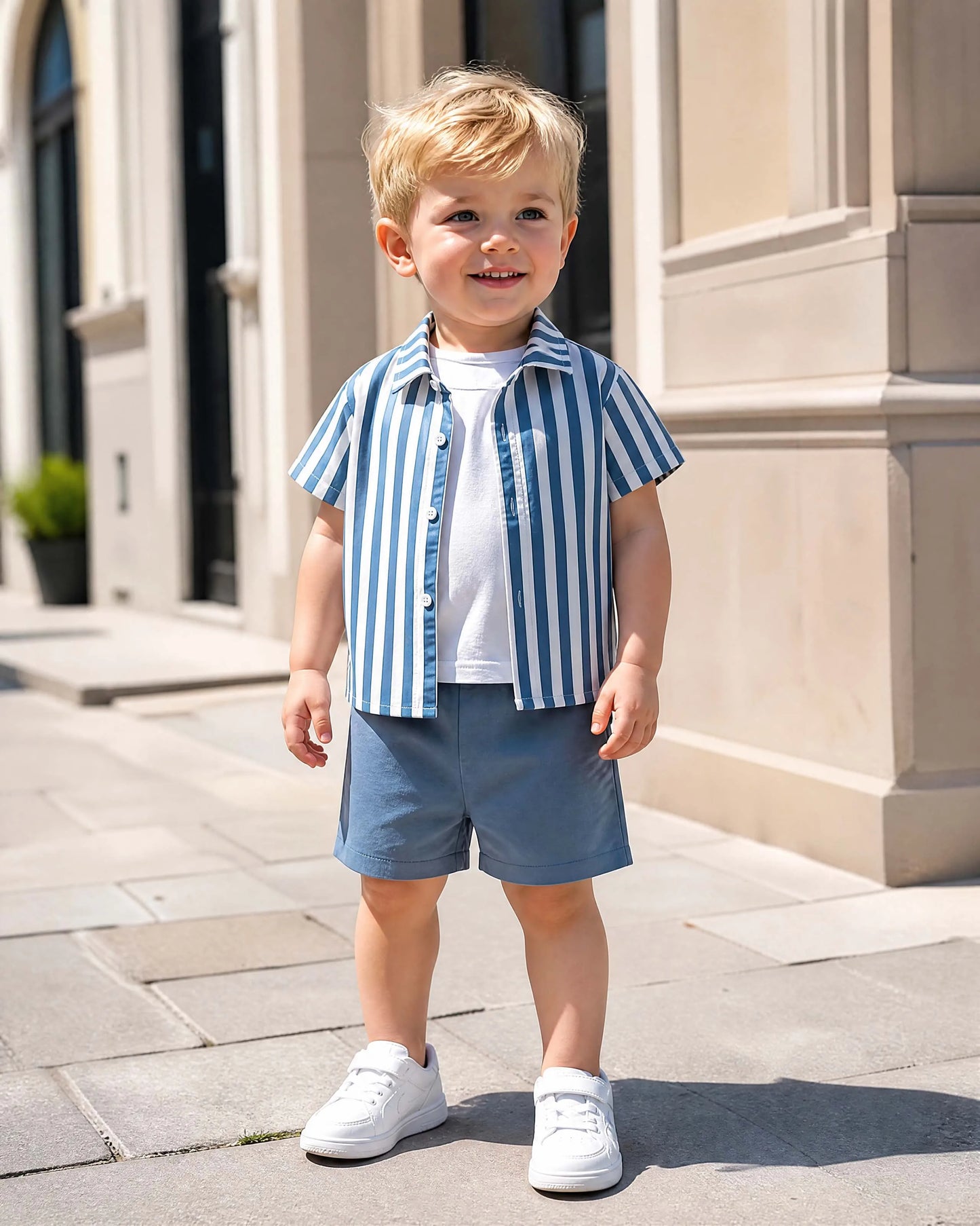 Back view of the boys blue and white striped shirt set - view 7