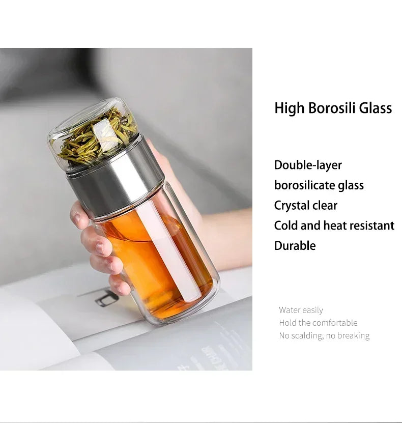 Tea Infuser Bottle Borosilicate Glass 430ml Double Layer With Built-In Strainer Leak-Proof Lid Fall 2025 Gift