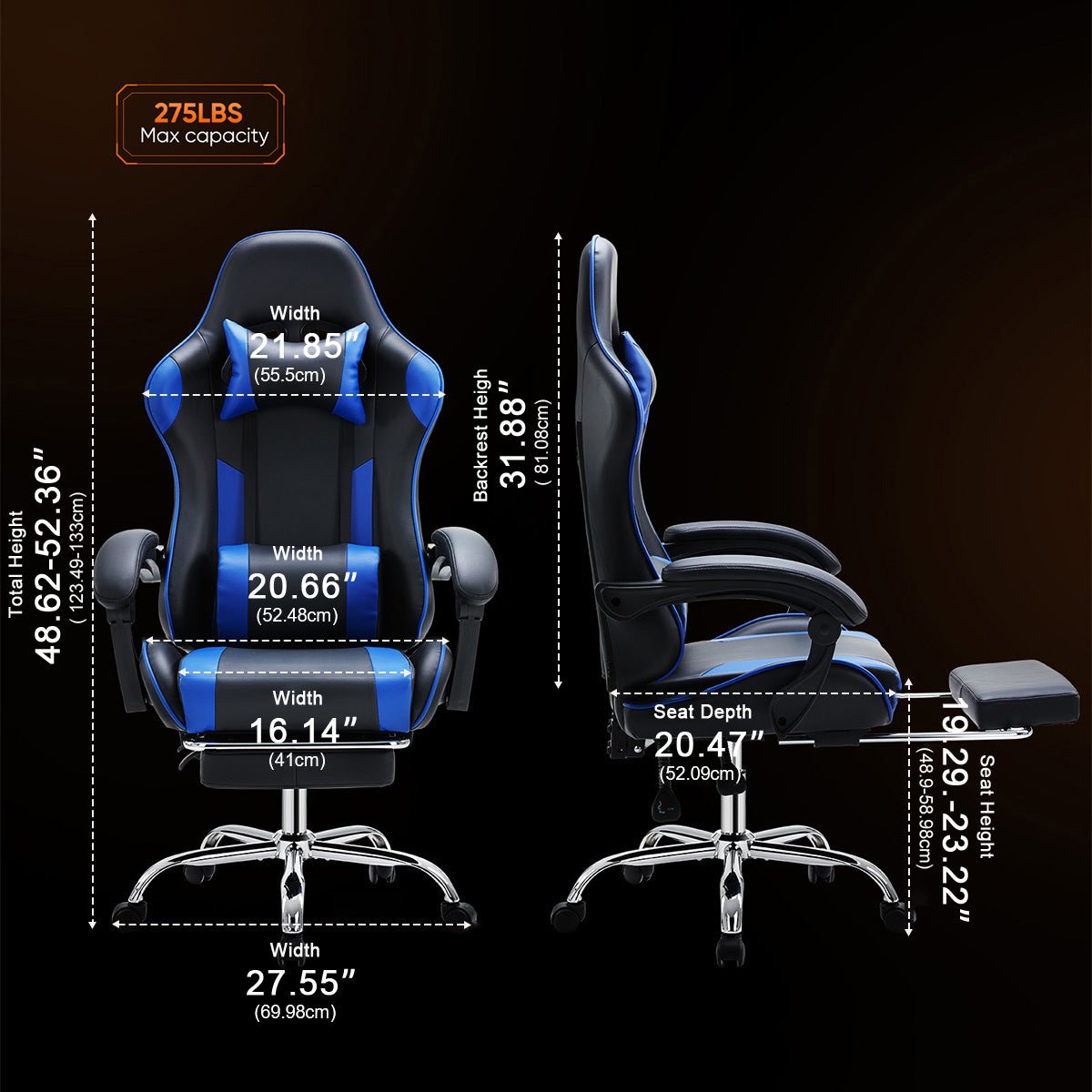 Ergonomic Computer Game Desk Chair Recliner - with Footrest & Lumbar Support & Headrest, Fixed Up Armrest,