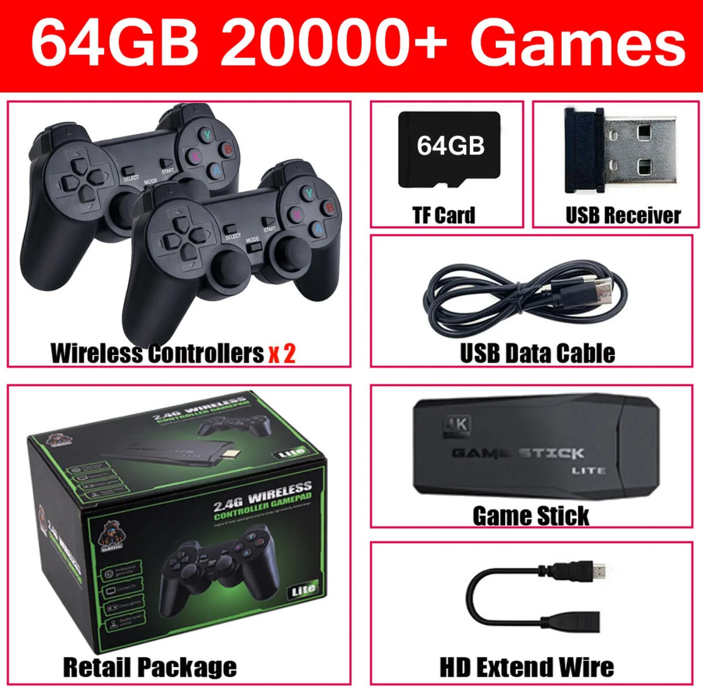 4K TV Game Stick 64GB Retro Gaming Console – TikTok Viral Fall 2025, 20,000+ Games, Includes 2 Wireless Controllers