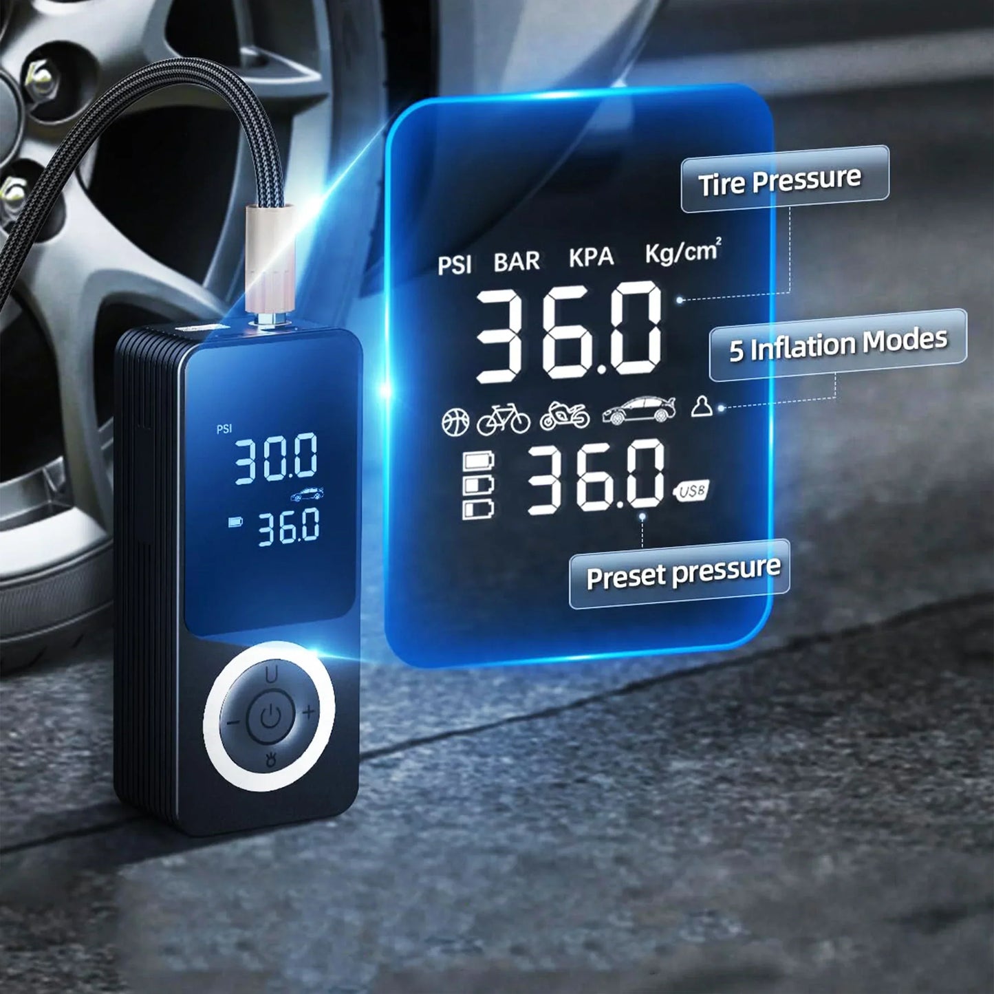 Tire Inflator Portable Digital Pump With Auto Shutoff