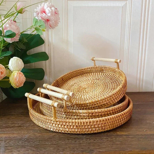 CasaFinesse™ Rattan Storage Trays With Wooden Handle