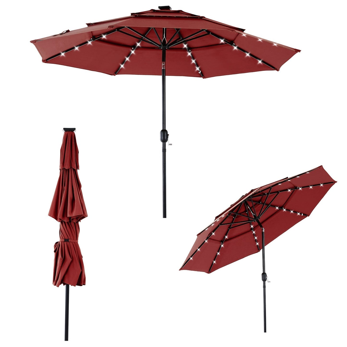 10FT 3-Tier Solar Patio Outdoor Umbrella with 32 LED Lights