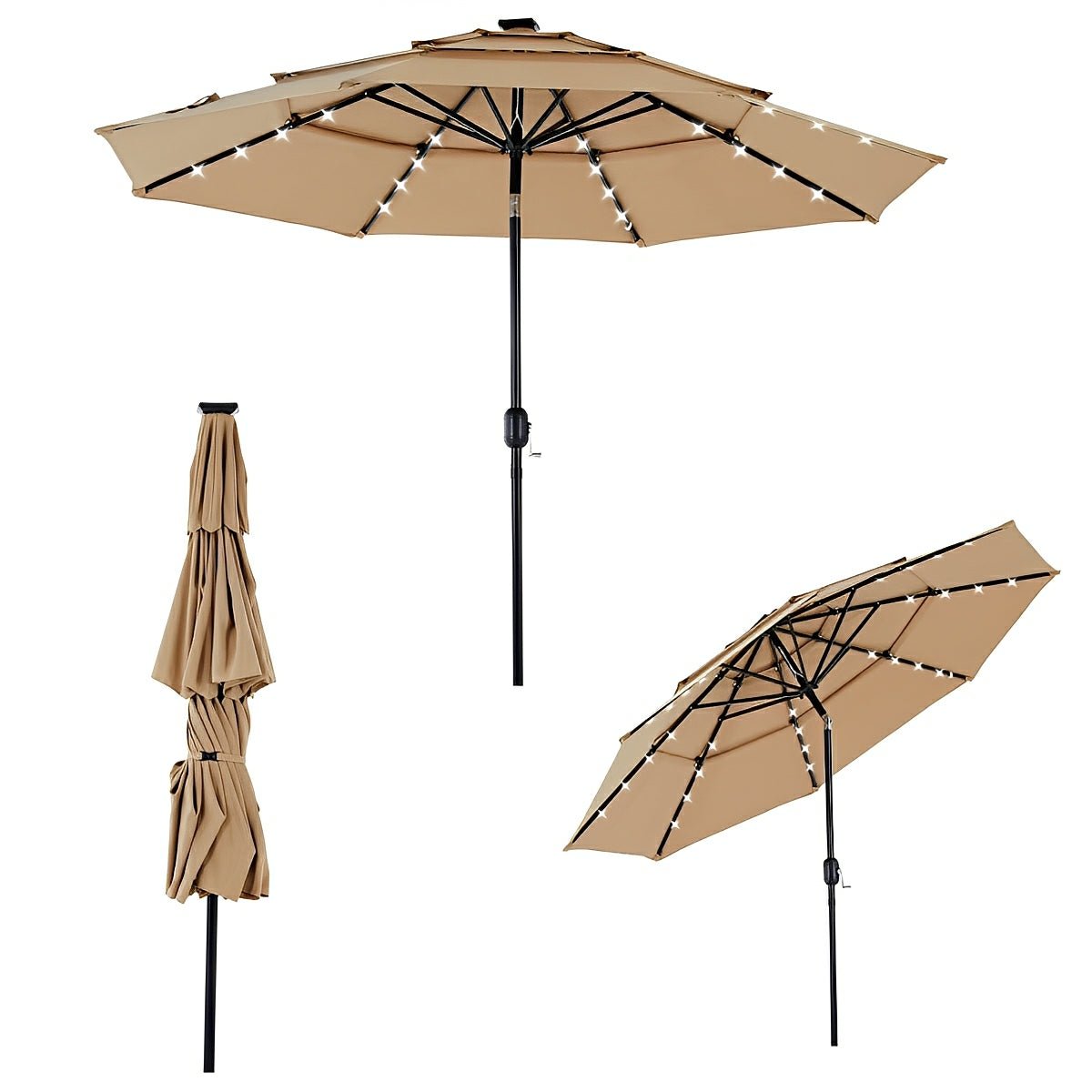 10FT 3-Tier Solar Patio Outdoor Umbrella with 32 LED Lights
