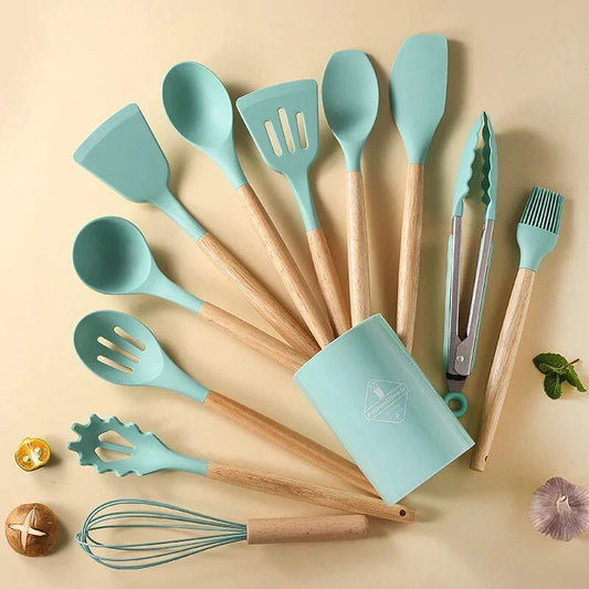 CasaFinesse™ 12Pc Non-Stick Wooden-Handle Utensils