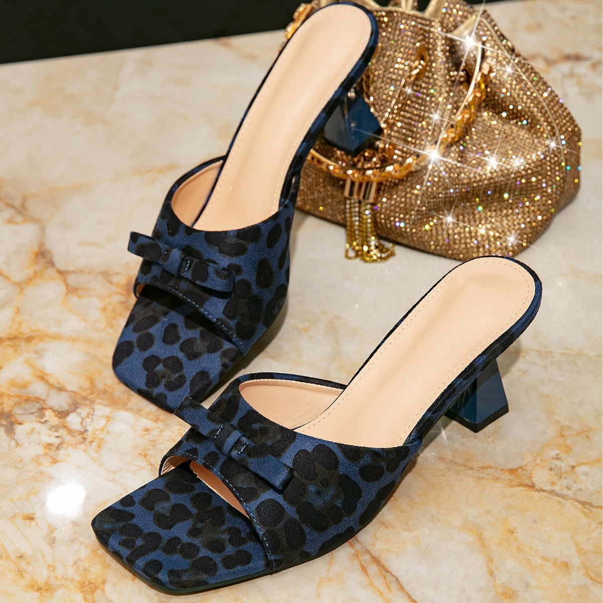Soft women's mule - square-toe, open-toe leopard-print, chunky-heel, PU, casual wear