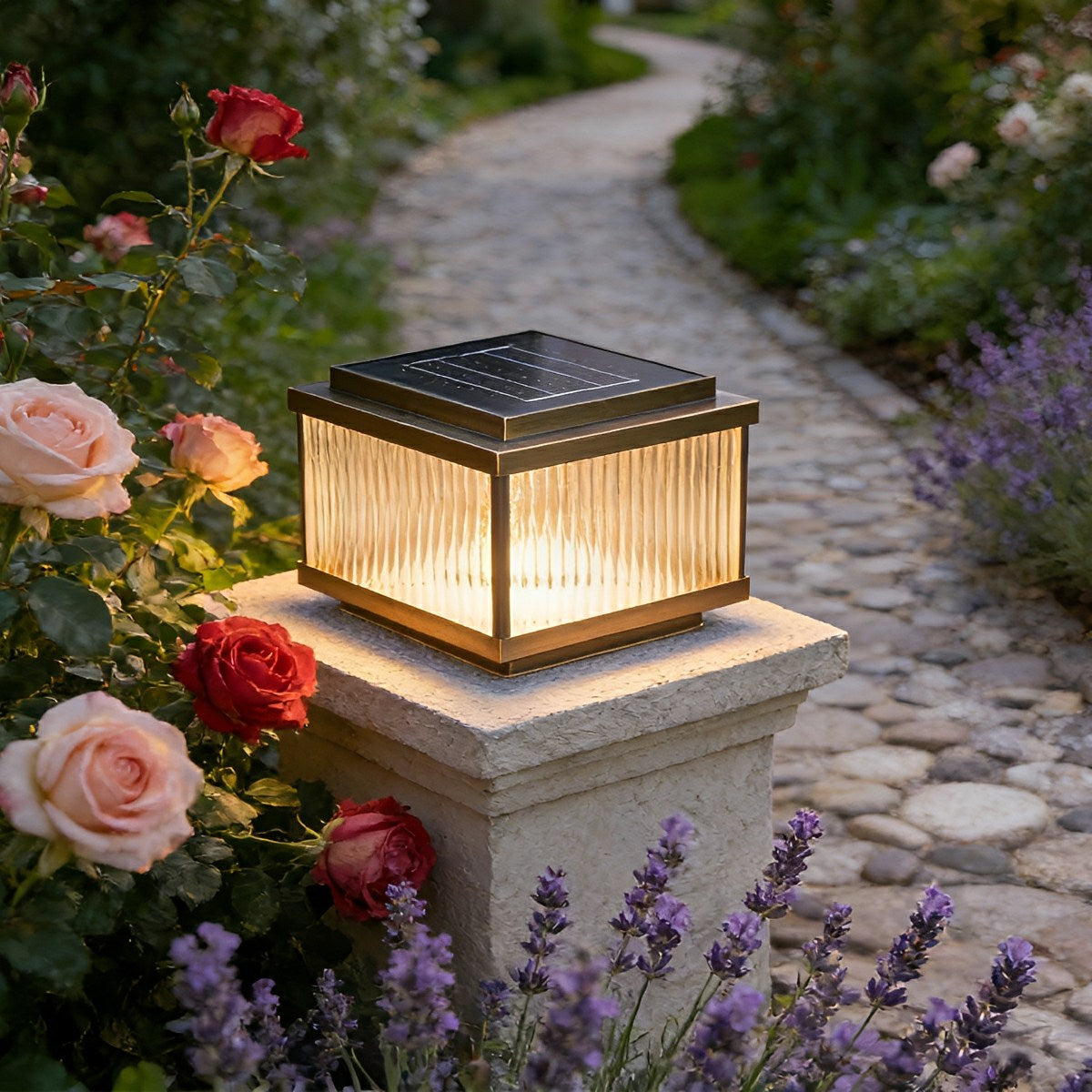 Solar Waterproof Square Vintage Copper LED Outdoor Post Light
