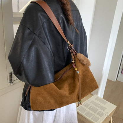Soft women's shoulder crossbody bag - classic versatile commuter with pendant, suede, everyday wear