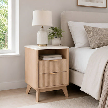 2-Drawer Bedside Cabinet Carved Nightstand with Charging Station