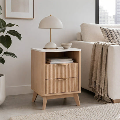 2-Drawer Bedside Cabinet Carved Nightstand with Charging Station