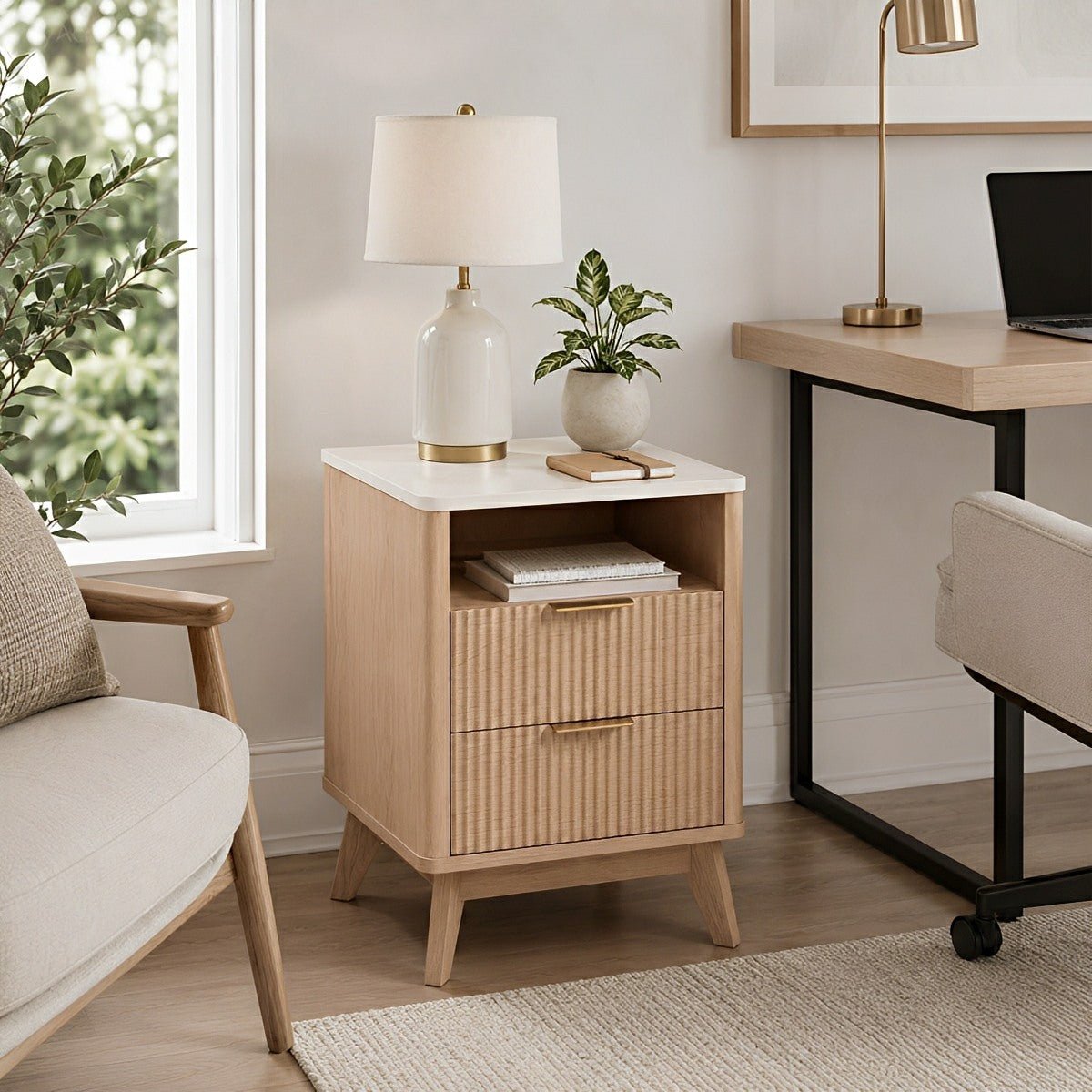 2 - Drawer Bedside Cabinet Carved Nightstand with Charging Station - Flare Shack