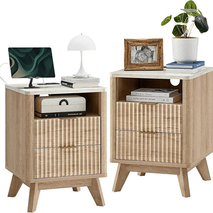 2-Drawer Bedside Cabinet Carved Nightstand with Charging Station