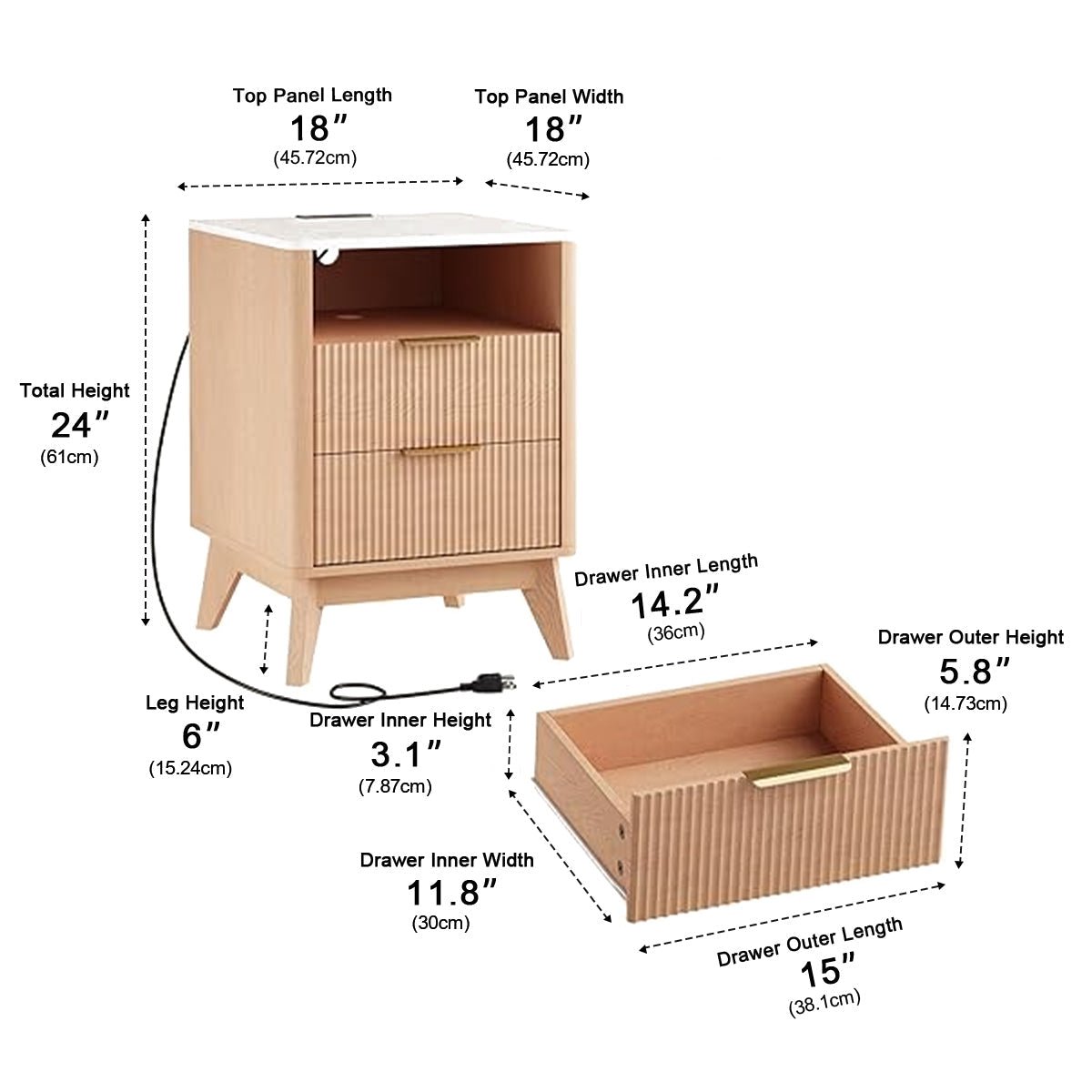 2-Drawer Bedside Cabinet Carved Nightstand with Charging Station