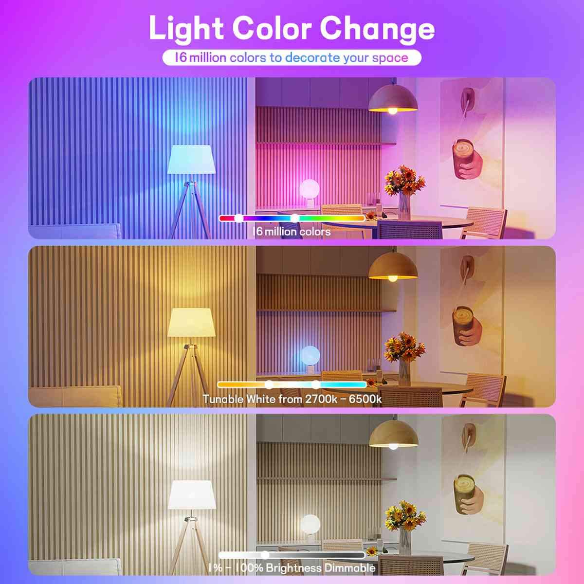 2 Pcs Dimmable WiFi Wireless E26 Smart LED Light Bulbs RGB CCT