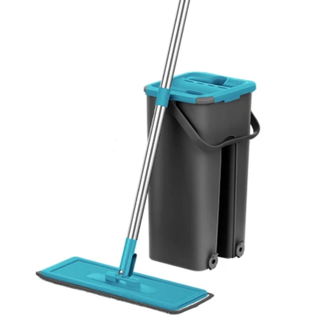 Household Cleaning Hand-Free Flat Floor Mop & Bucket Set with Washable Microfiber 4x Pads
