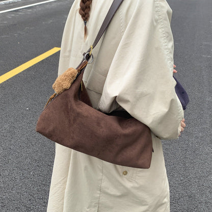Soft women's shoulder crossbody bag - classic versatile commuter with pendant, suede, everyday wear