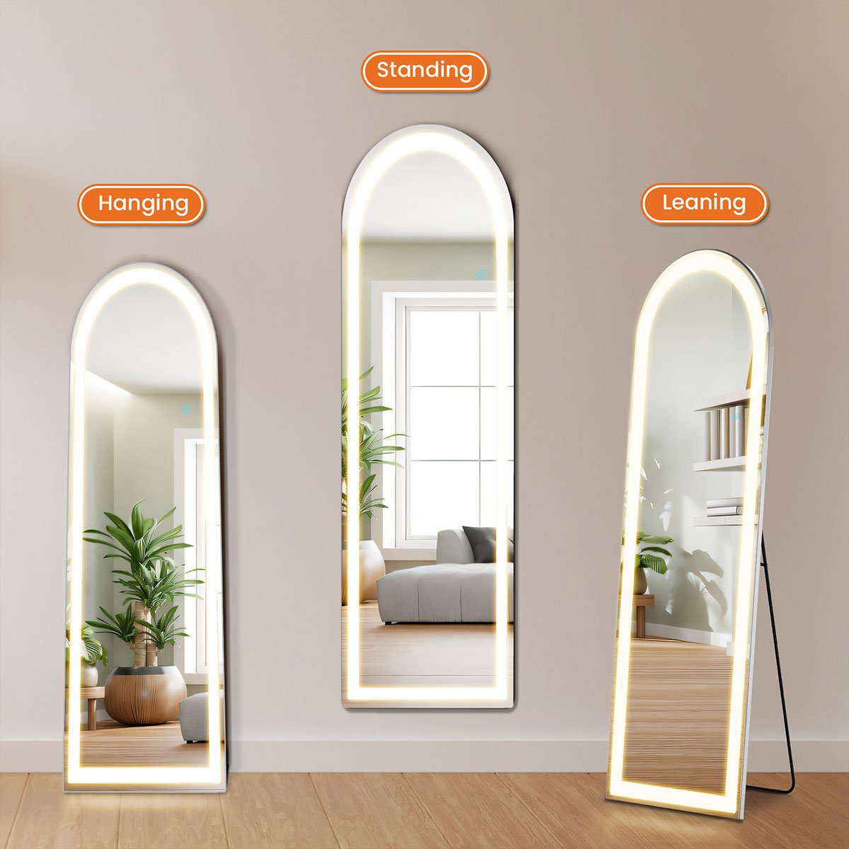 Dimmable LED Lights Full Body Floor Mirror with Stand, Wall Mounted Hanging