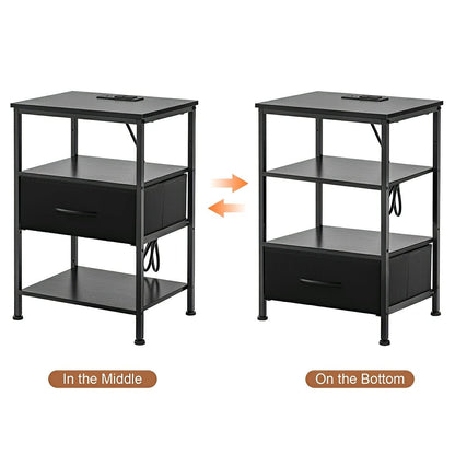 3-Tier Bedside Table Nightstand with Charging Station