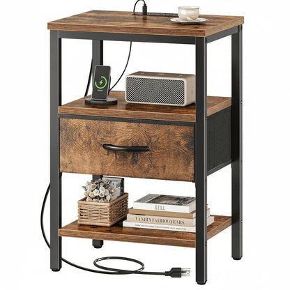 3-Tier Bedside Table Nightstand with Charging Station