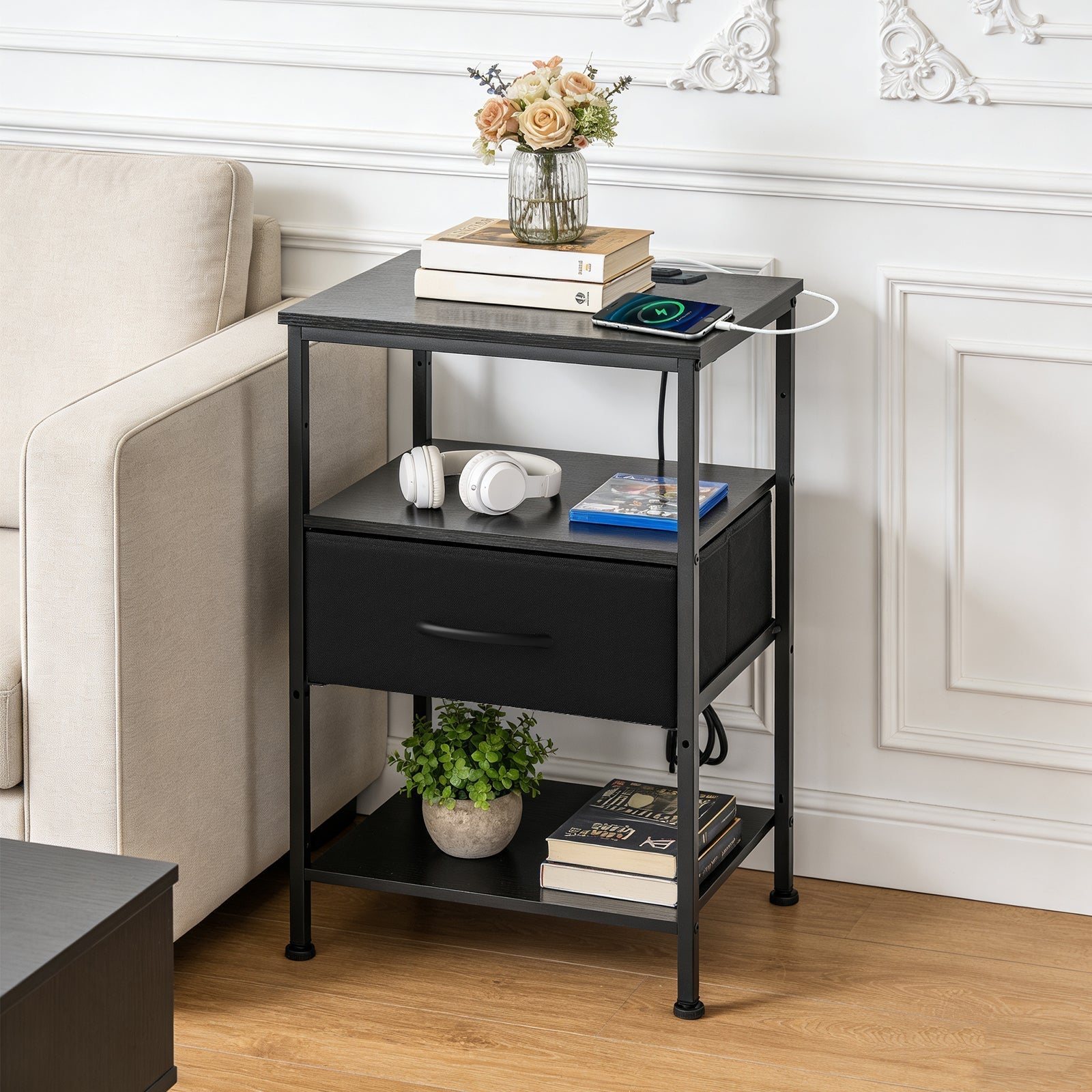 3 - Tier Bedside Table Nightstand with Charging Station - Flare Shack