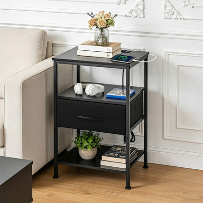 3-Tier Bedside Table Nightstand with Charging Station