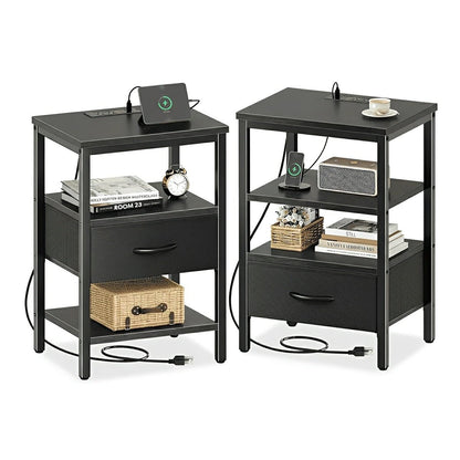3-Tier Bedside Table Nightstand with Charging Station