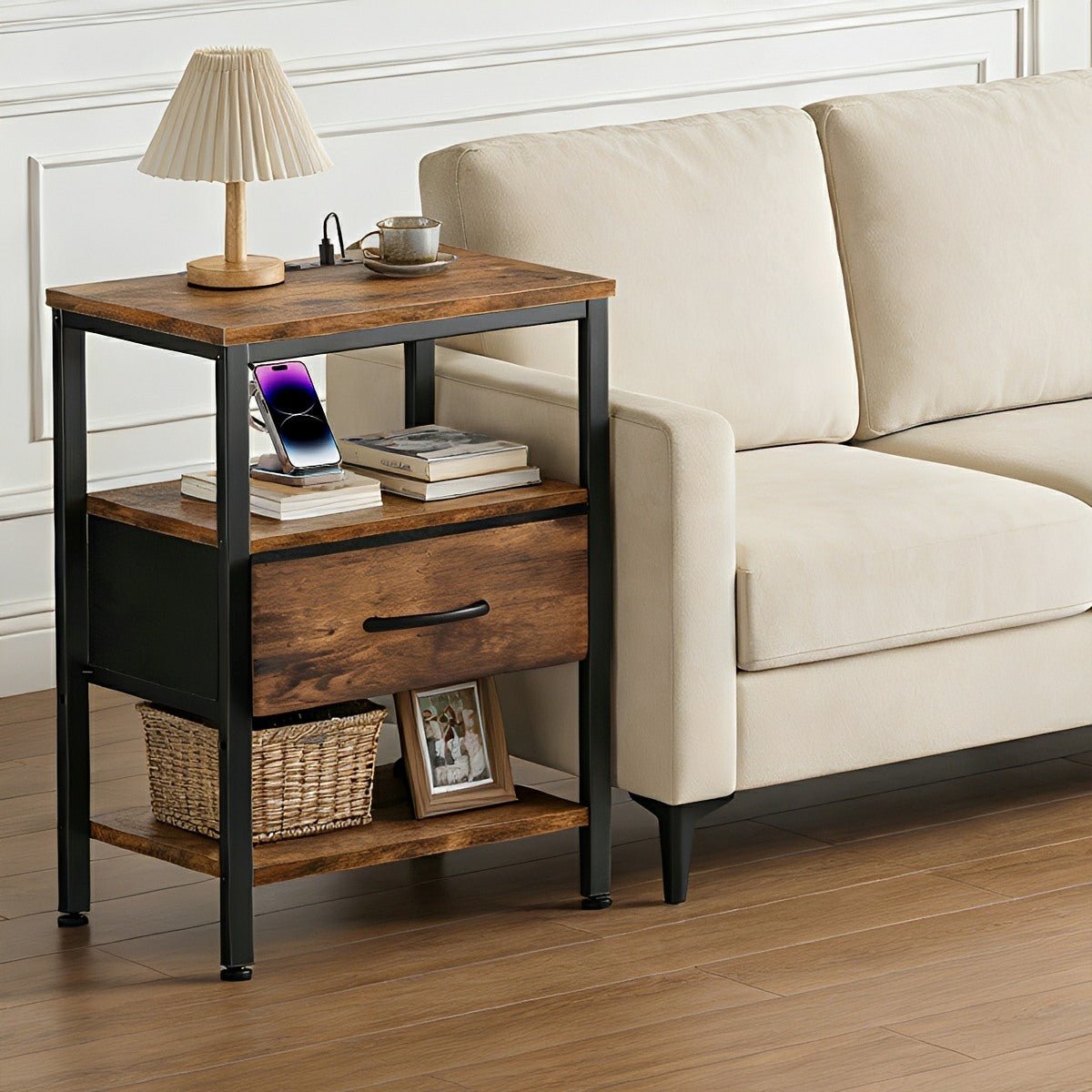 3 - Tier Bedside Table Nightstand with Charging Station - Flare Shack