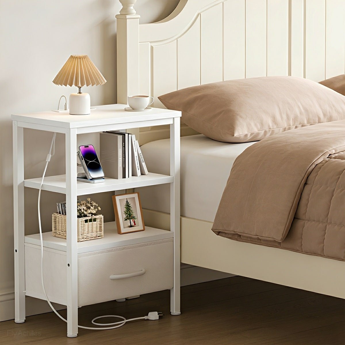 3-Tier Bedside Table Nightstand with Charging Station