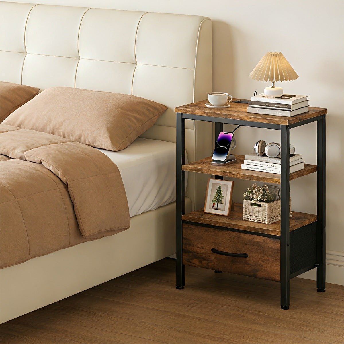 3-Tier Bedside Table Nightstand with Charging Station