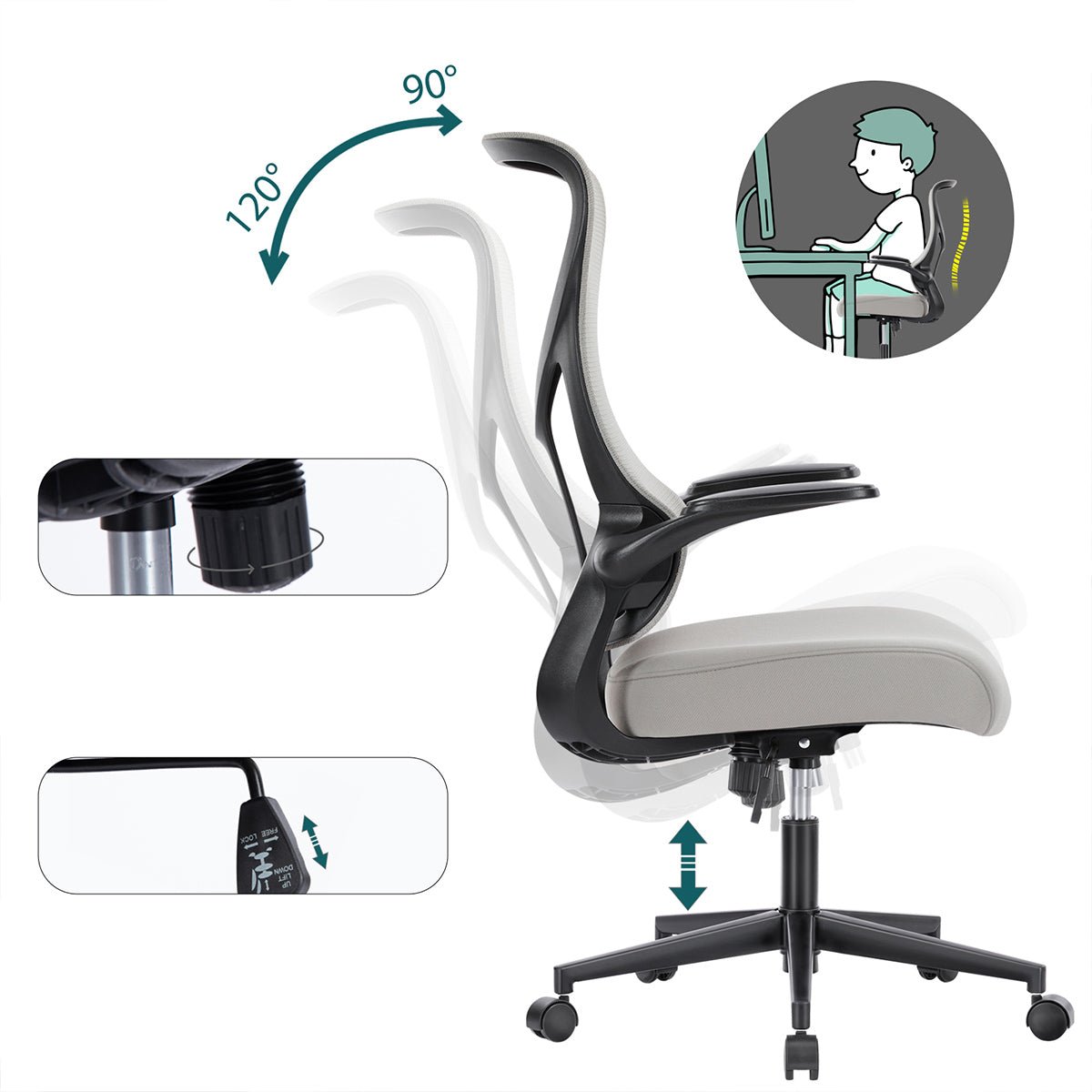 360 ° Rotatable Ergonomic Computer Mesh Office Chair with Armrests Support
