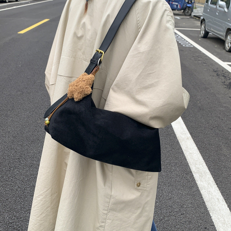 Soft women's shoulder crossbody bag - classic versatile commuter with pendant, suede, everyday wear