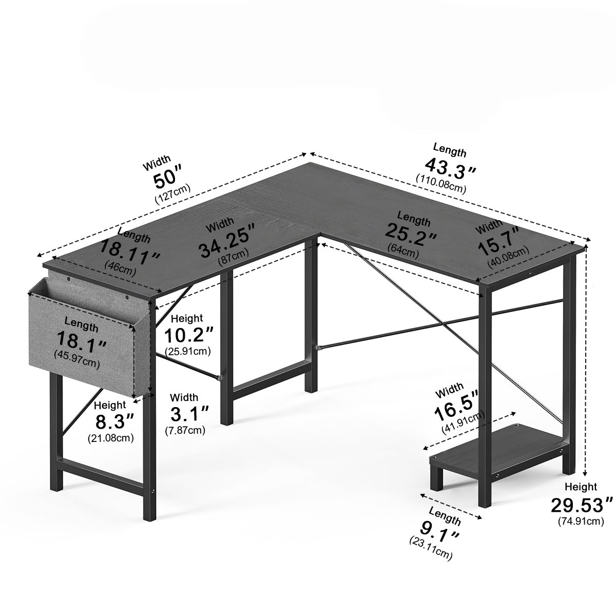 50 Inch Modern L-Shaped Computer Desk Gaming Corner Office Table